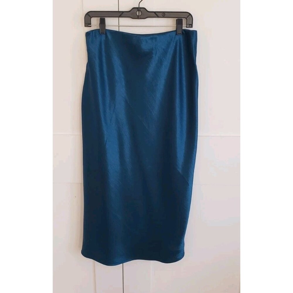 NWT CALLIGRAPHIE TURQUOISE SATIN MIDI SKIRT MEDIUM - Picture 5 of 9